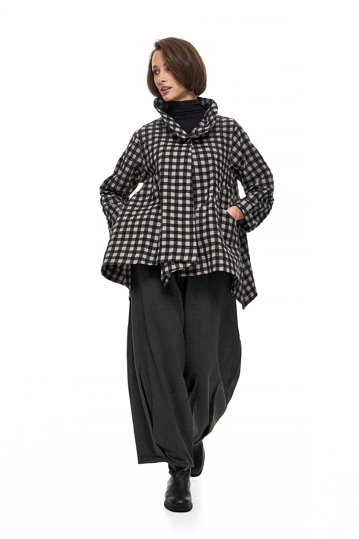 Wendy Trendy Συνδυασμός με Ζακέτα και Παντελόνα - Ασπρόμαυρο Καρό & Γκρι Σκούρο - Chic & Simple