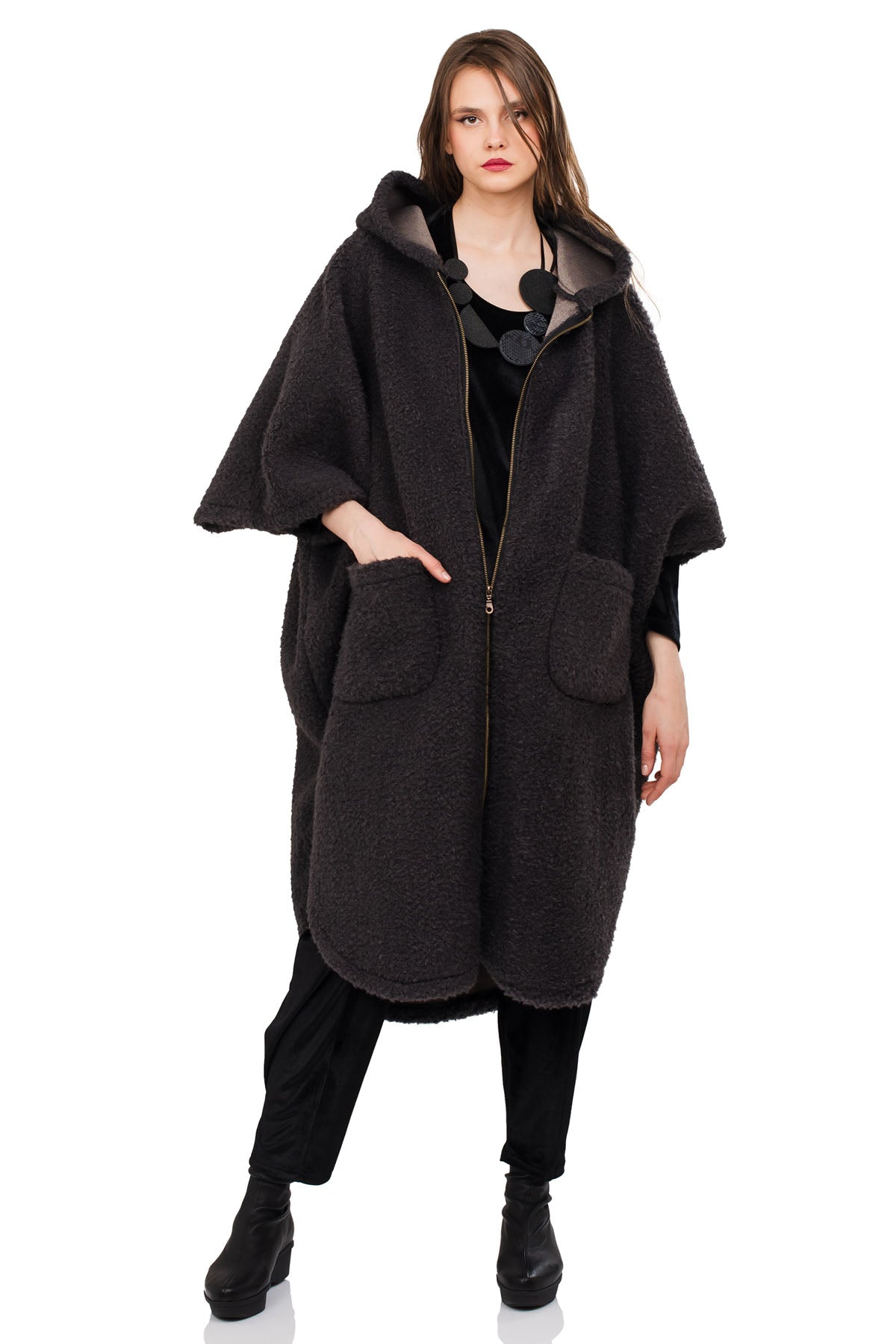 Chic & Simple Μακρύ Παλτό Φαίδρα - Sheep Skin Μπουκλέ Γκρι Σκούρο