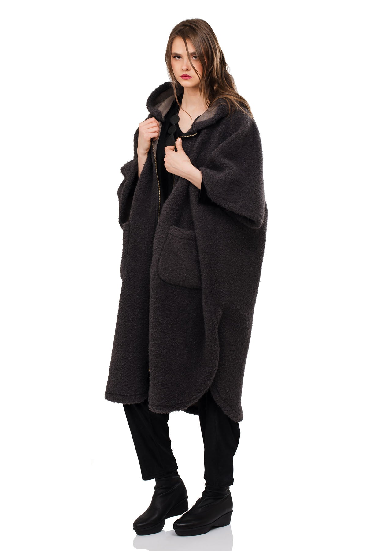 Chic & Simple Μακρύ Παλτό Φαίδρα - Sheep Skin Μπουκλέ Γκρι Σκούρο