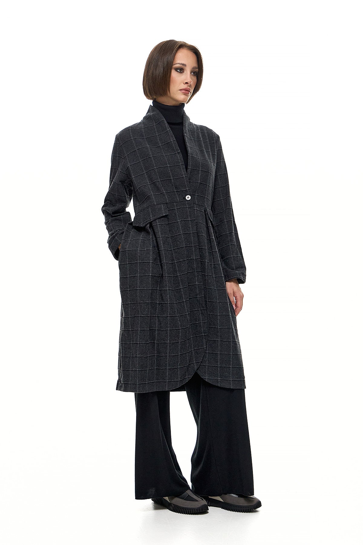 Wendy Trendy Γυναικείο Παλτό Lamda - Γκρι Καρό Chic & Simple