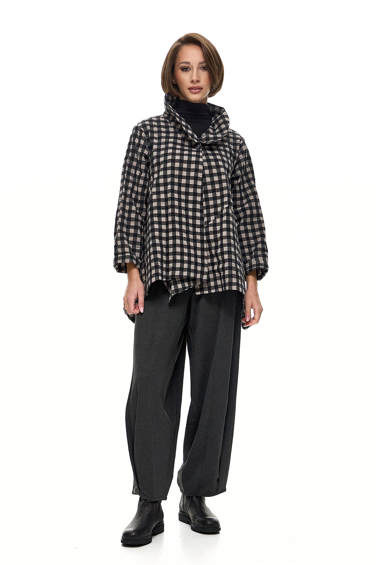 Wendy Trendy Συνδυασμός με Ζακέτα και Παντελόνα - Ασπρόμαυρο Καρό & Γκρι Σκούρο - Chic & Simple