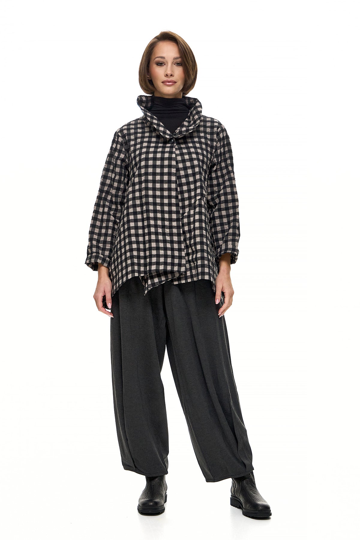 Wendy Trendy Συνδυασμός με Ζακέτα και Παντελόνα - Ασπρόμαυρο Καρό & Γκρι Σκούρο - Chic & Simple