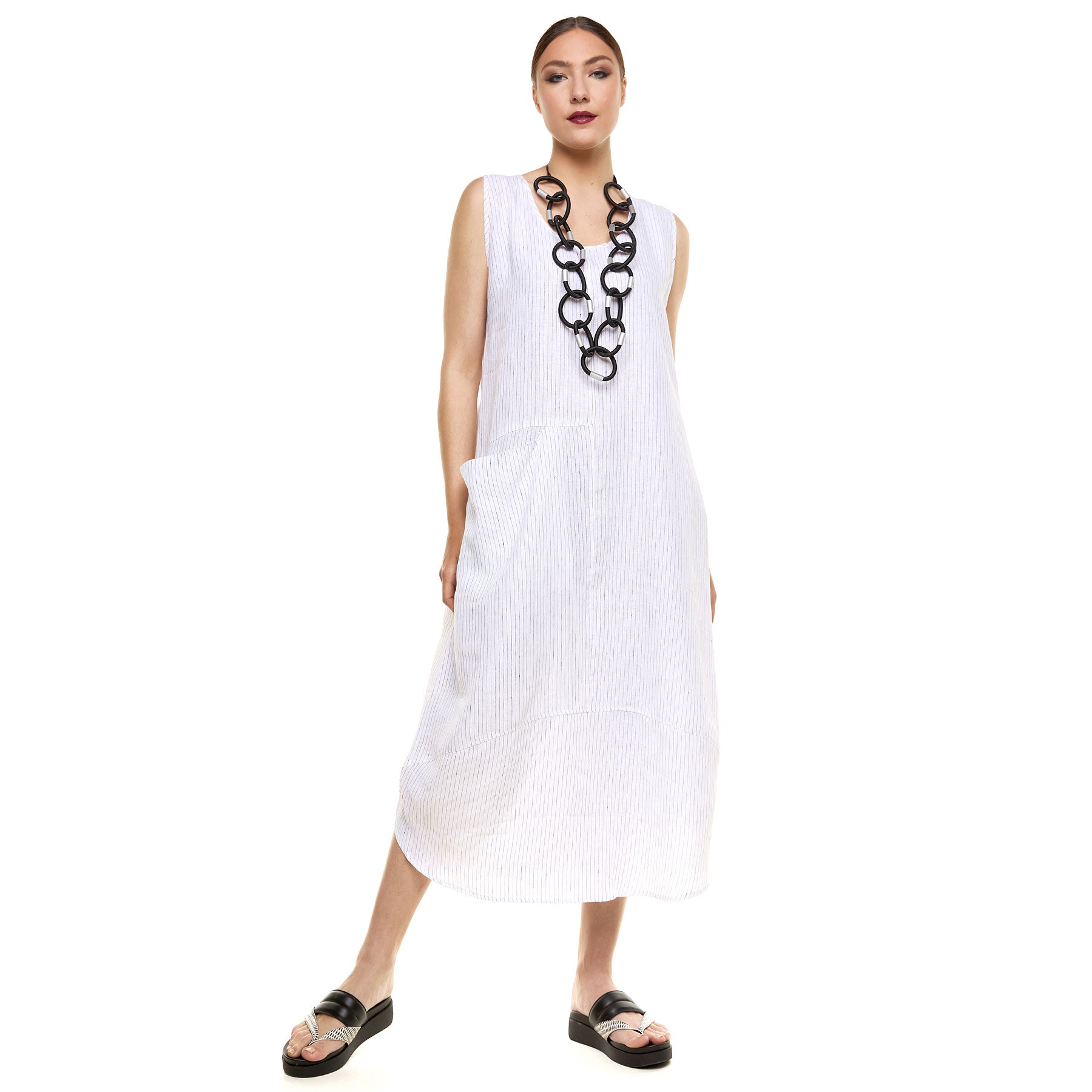Chic & Simple Antigone Sleeveless Dress - White with Fine Stripe