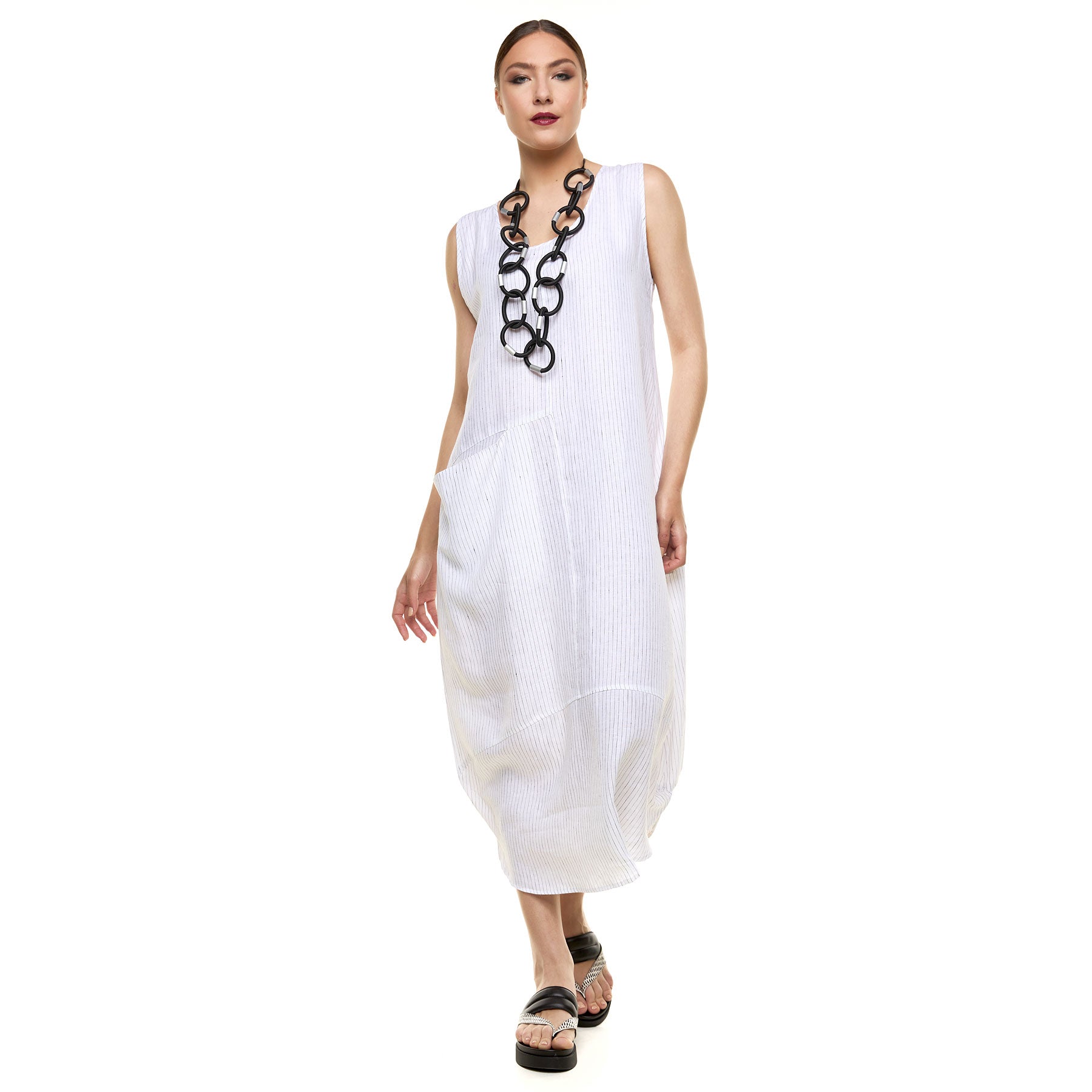 Chic & Simple Αμάνικο Φόρεμα Αντιγόνη - Άσπρο με Λεπτό Ριγέ