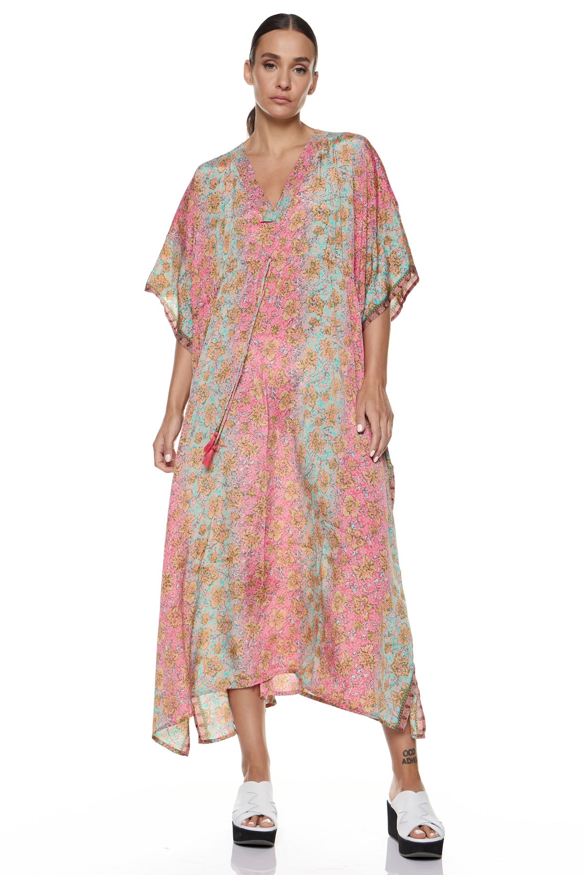 Chic & Simple Φόρεμα Καφτάνι Λαλέλα - Ροζ/Μέντα/Μπεζ Floral Knowmad