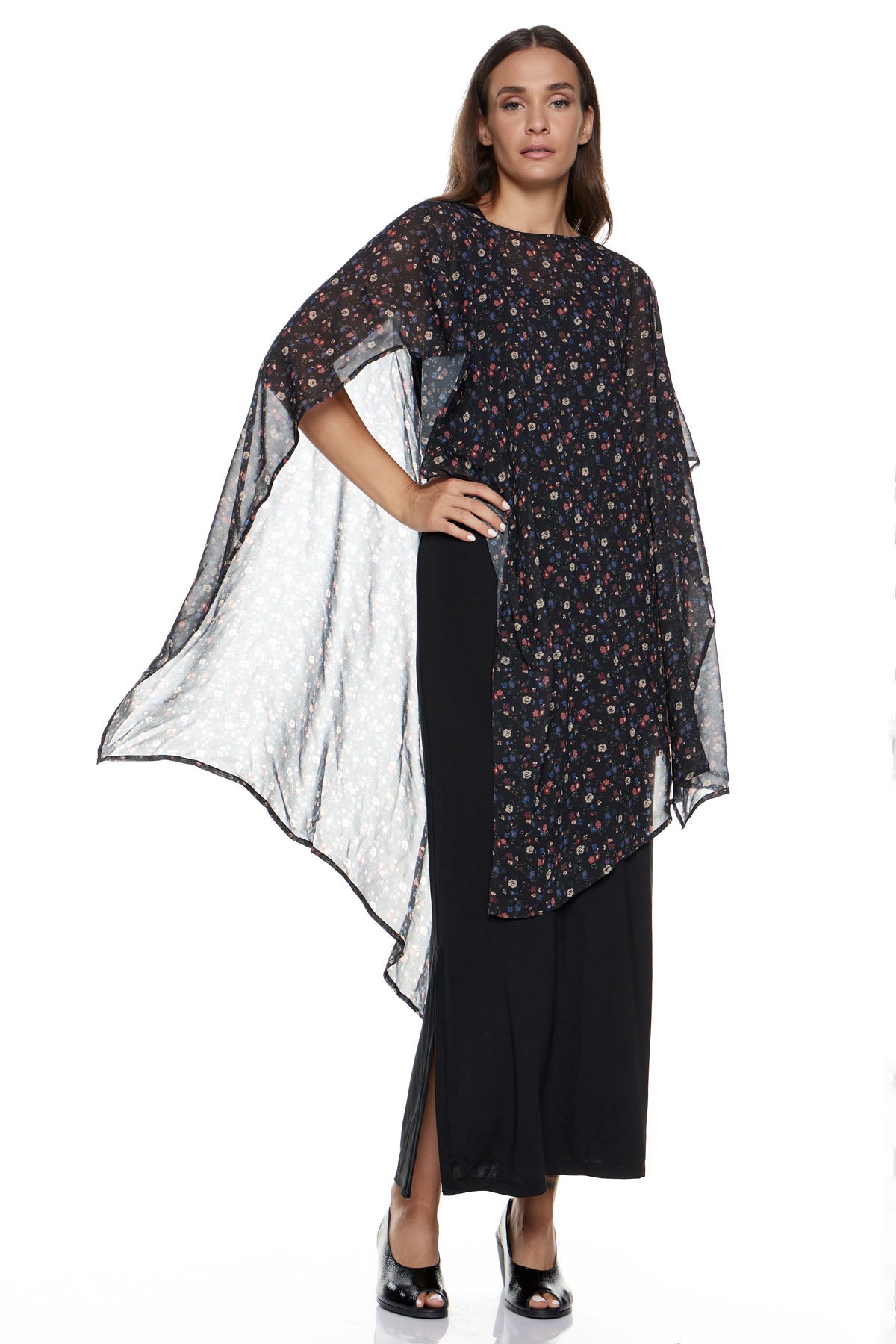 Συνδυασμός Φόρεμα (Basics) Φατιόνα & Μακρυά Εσάρπα Λολίτα - Μαύρο με Floral Διαφάνεια