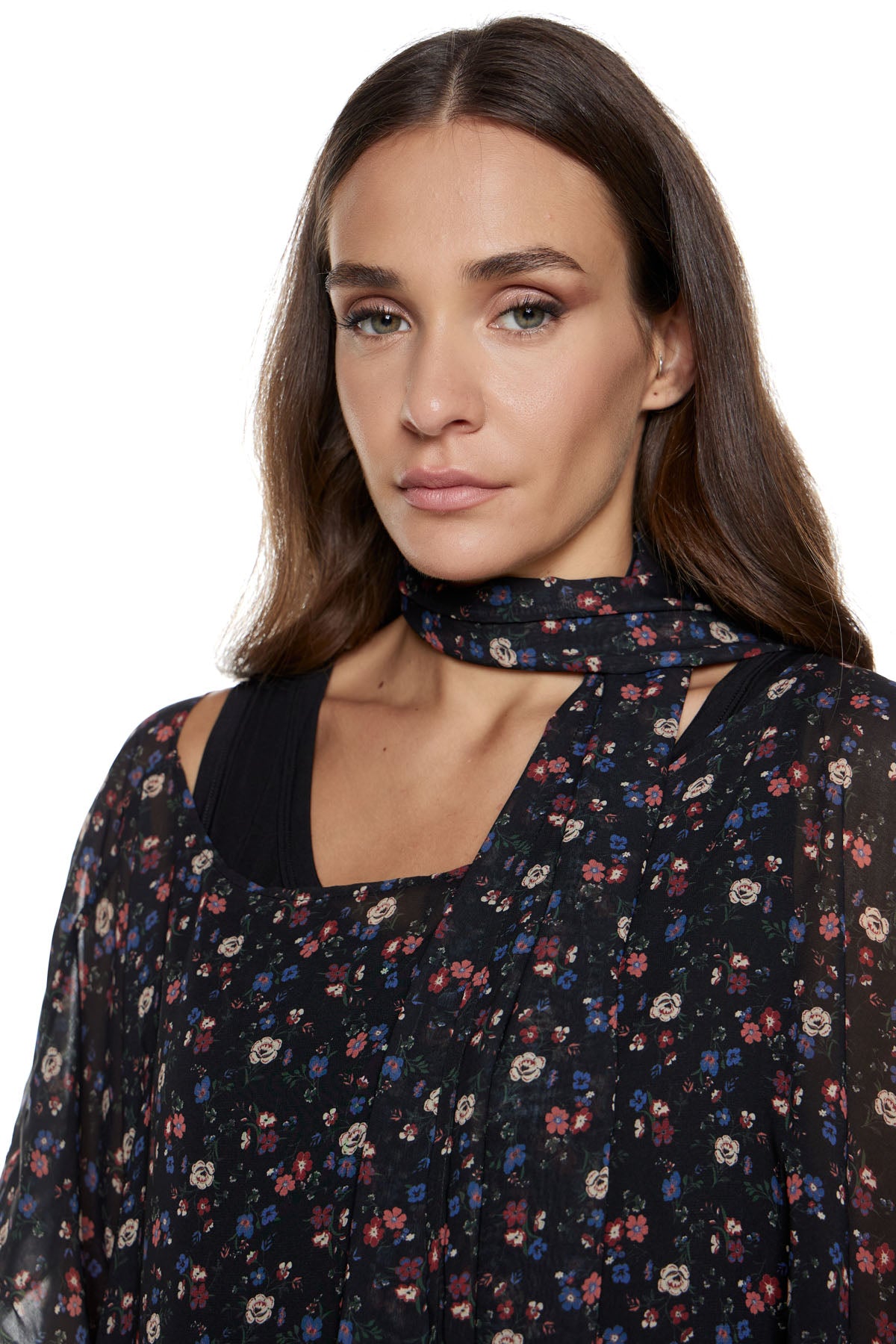 Συνδυασμός Φόρεμα (Basics) Φατιόνα & Μακρυά Εσάρπα Λολίτα - Μαύρο με Floral Διαφάνεια