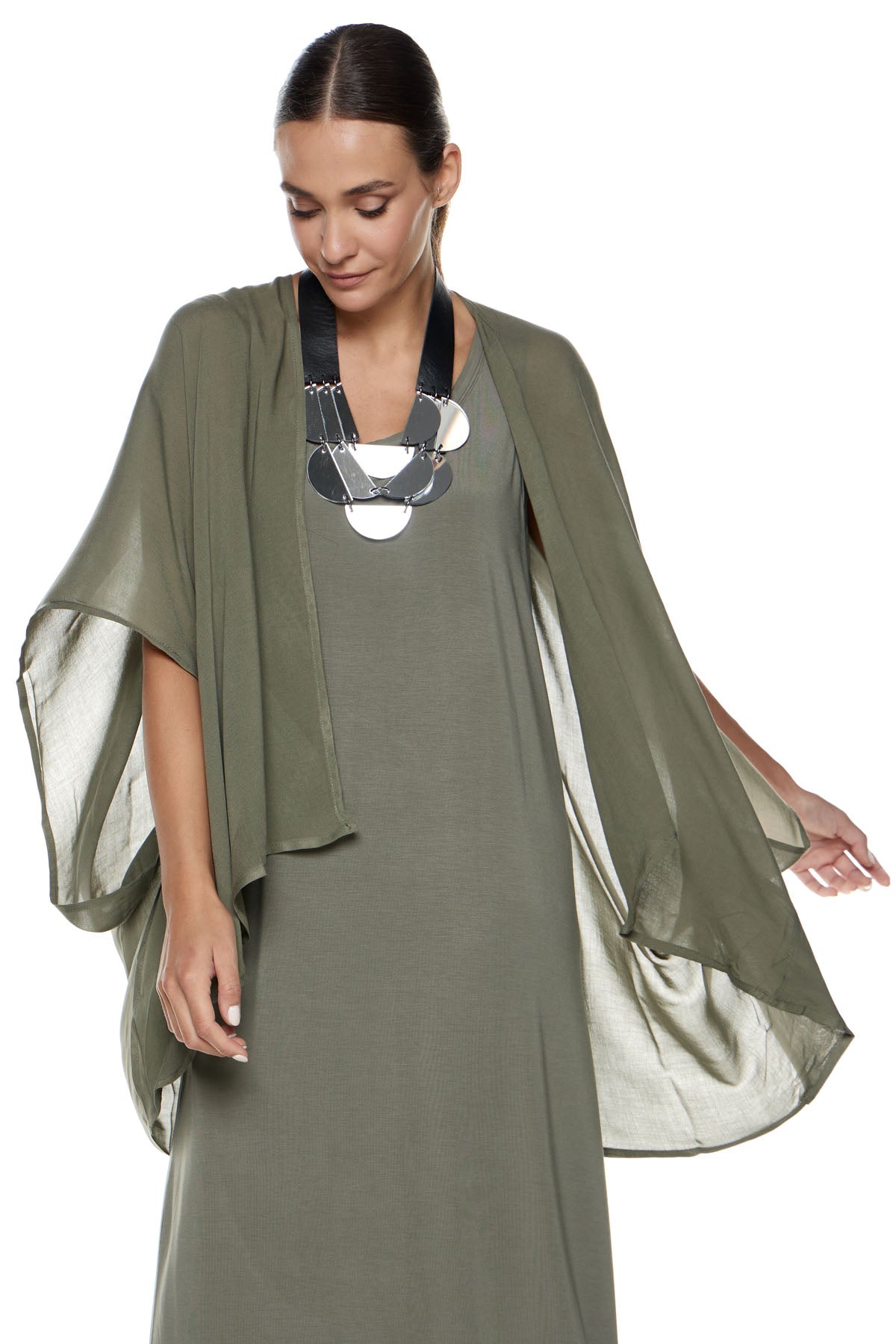 Chic & Simple Combination Dress (Basics) Shawl & Lemere Jacket - Khaki