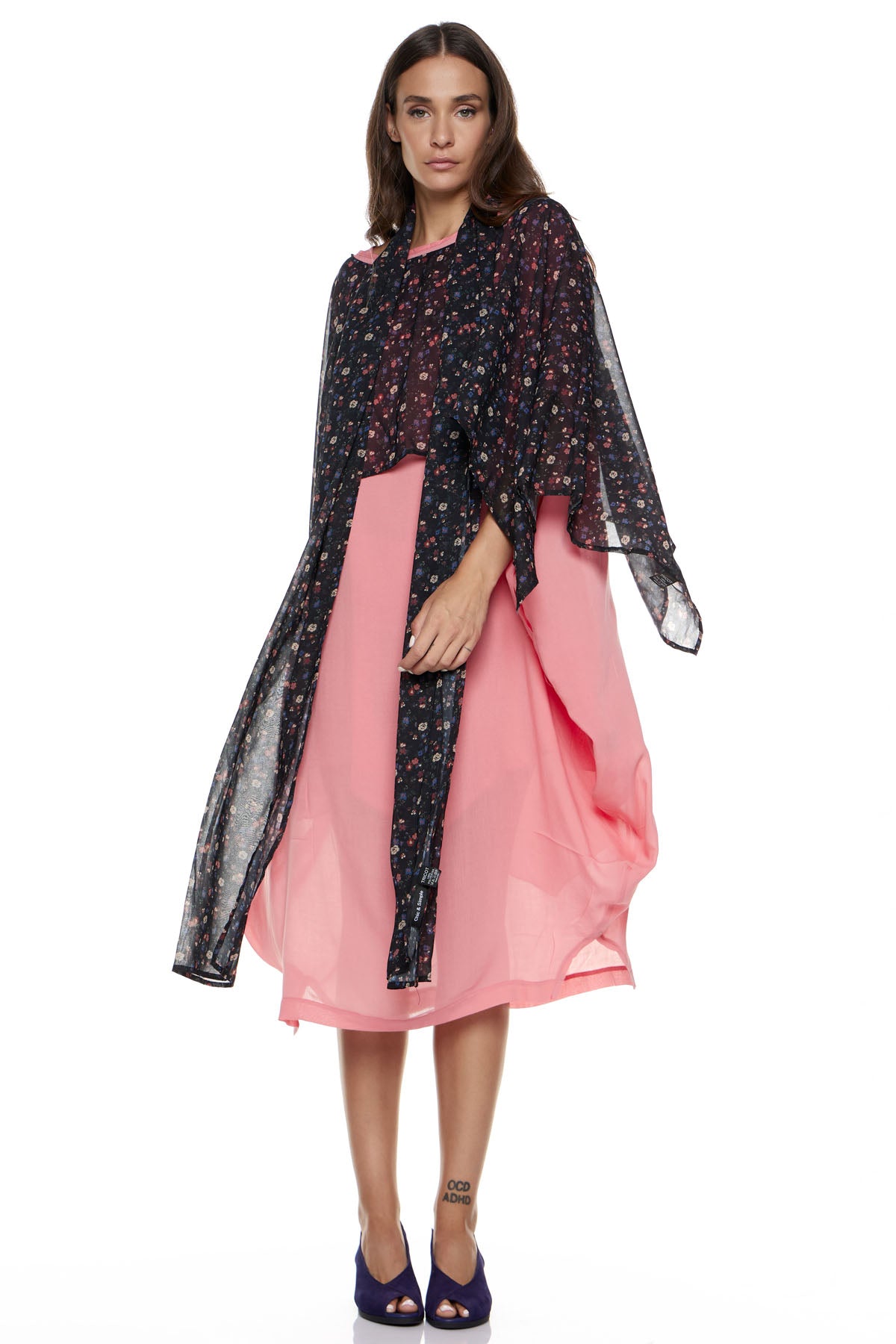 Combination of Circle Dress & Short Lolita Scarf - light coral with Floral Transparency