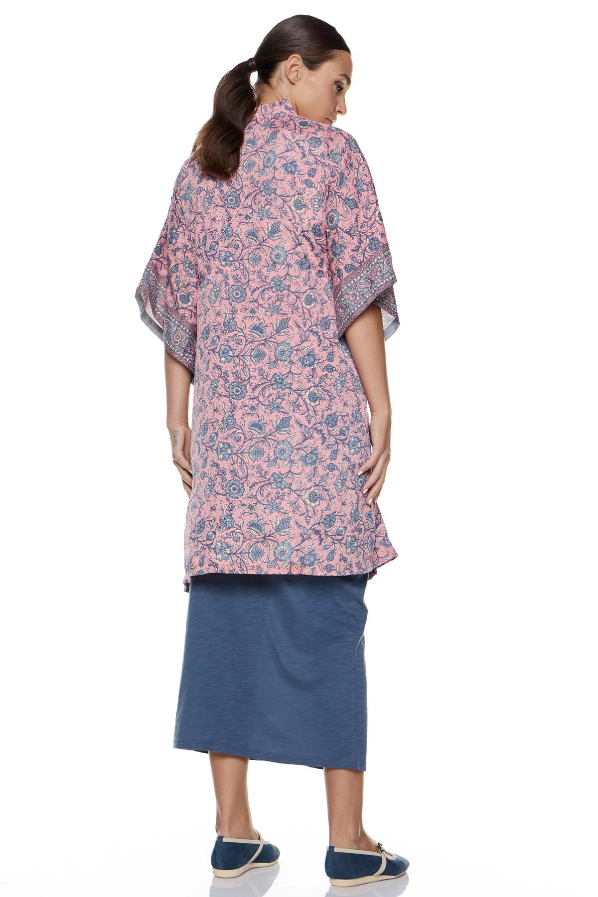 Chic & Simple Lola Shirt/Kaftan & Midi Skirt Combination - Pink with Blue Floral & Blue Ruffle