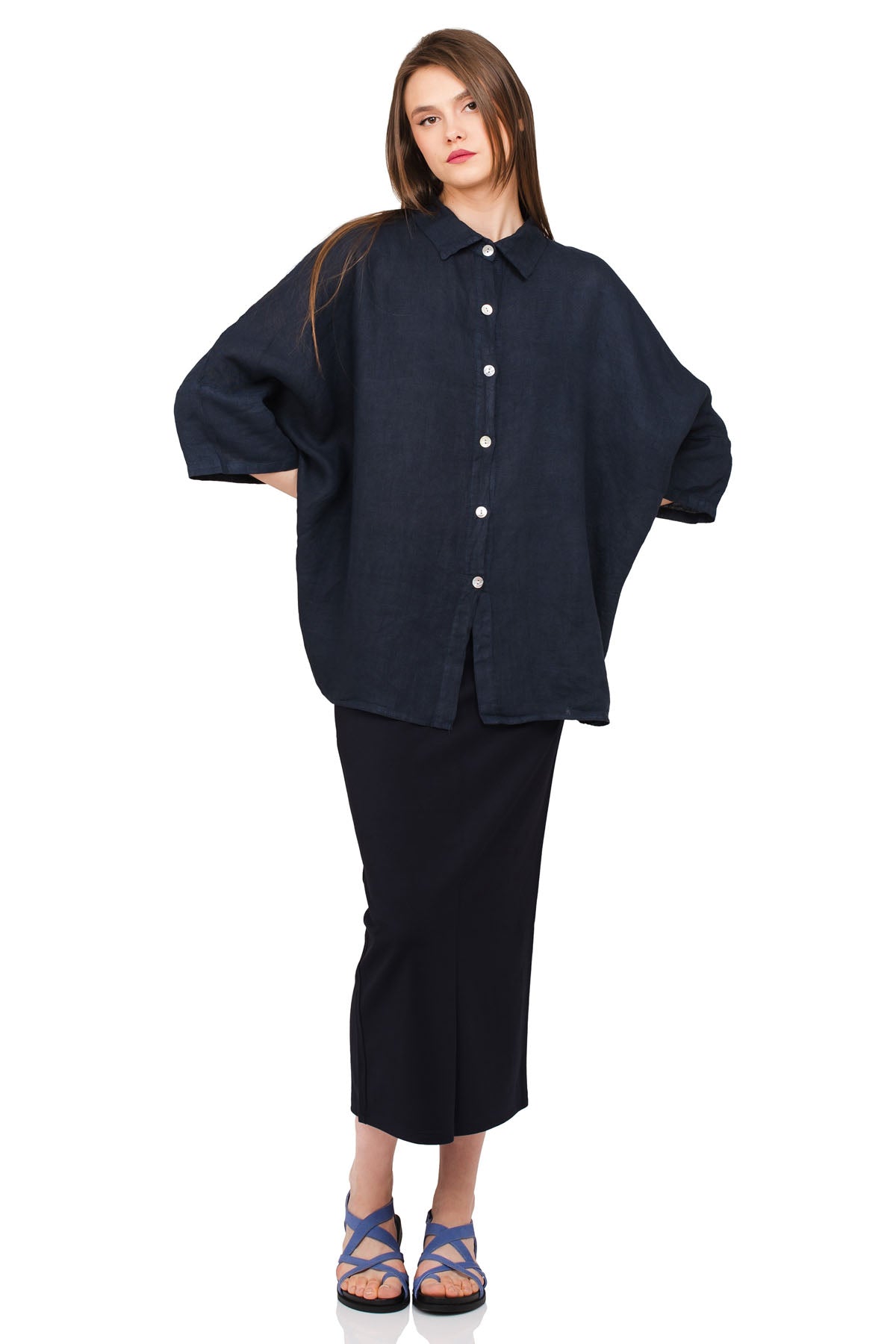 Chic & Simple Cardigan & Midi Skirt Combination - Dark Blue