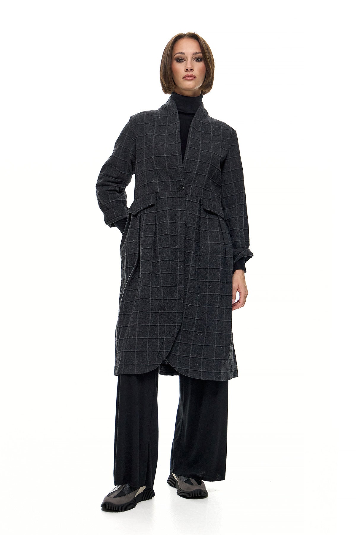 Wendy Trendy Γυναικείο Παλτό Lamda - Γκρι Καρό Chic & Simple