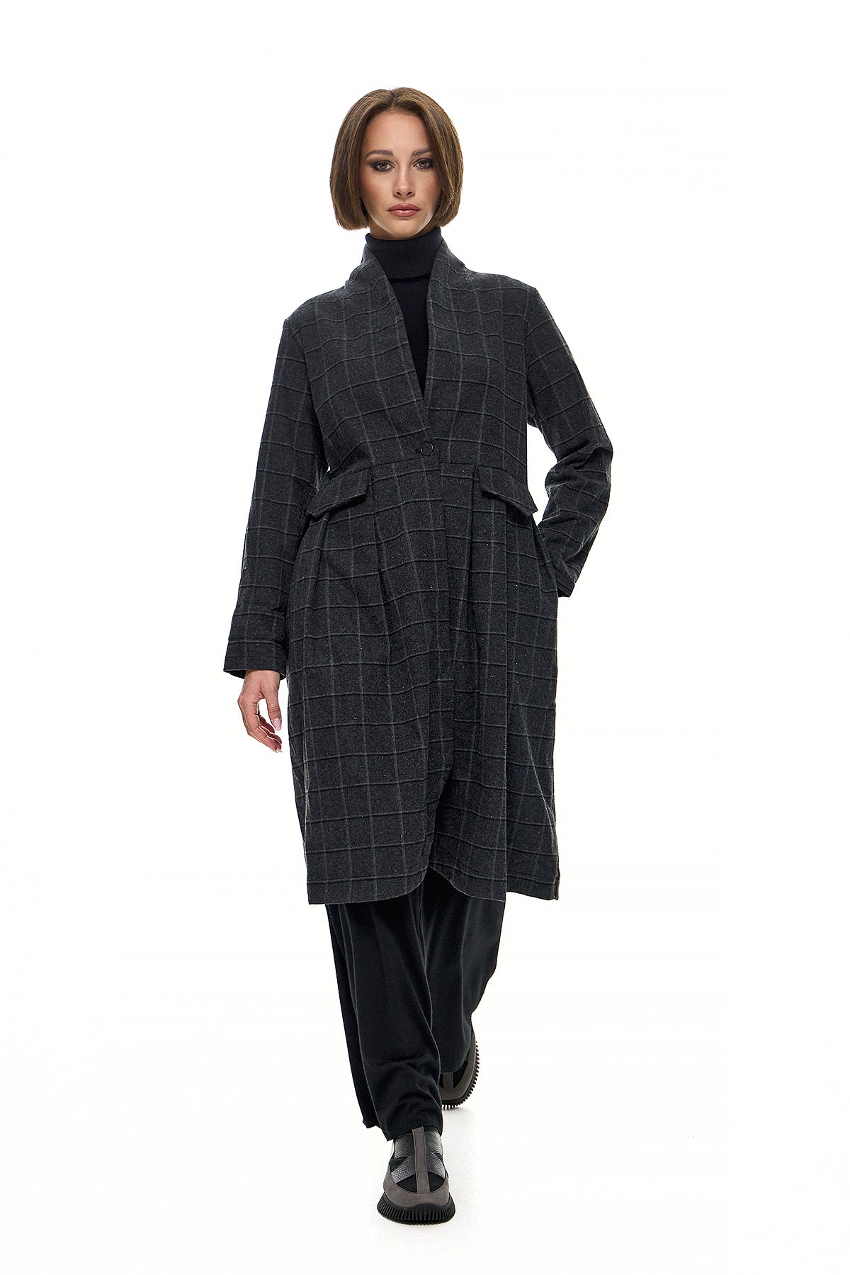 Wendy Trendy Γυναικείο Παλτό Lamda - Γκρι Καρό Chic & Simple