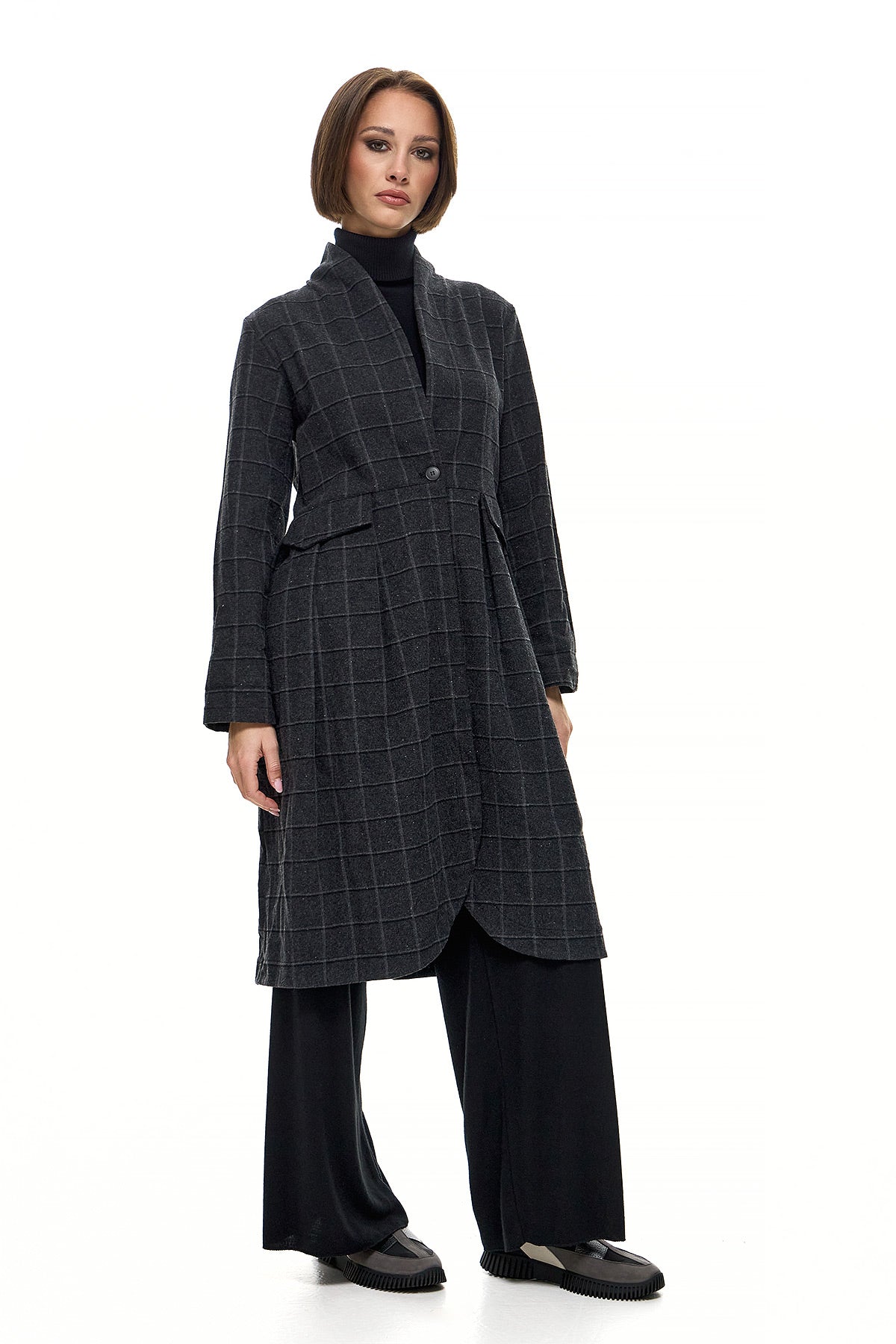 Wendy Trendy Γυναικείο Παλτό Lamda - Γκρι Καρό Chic & Simple