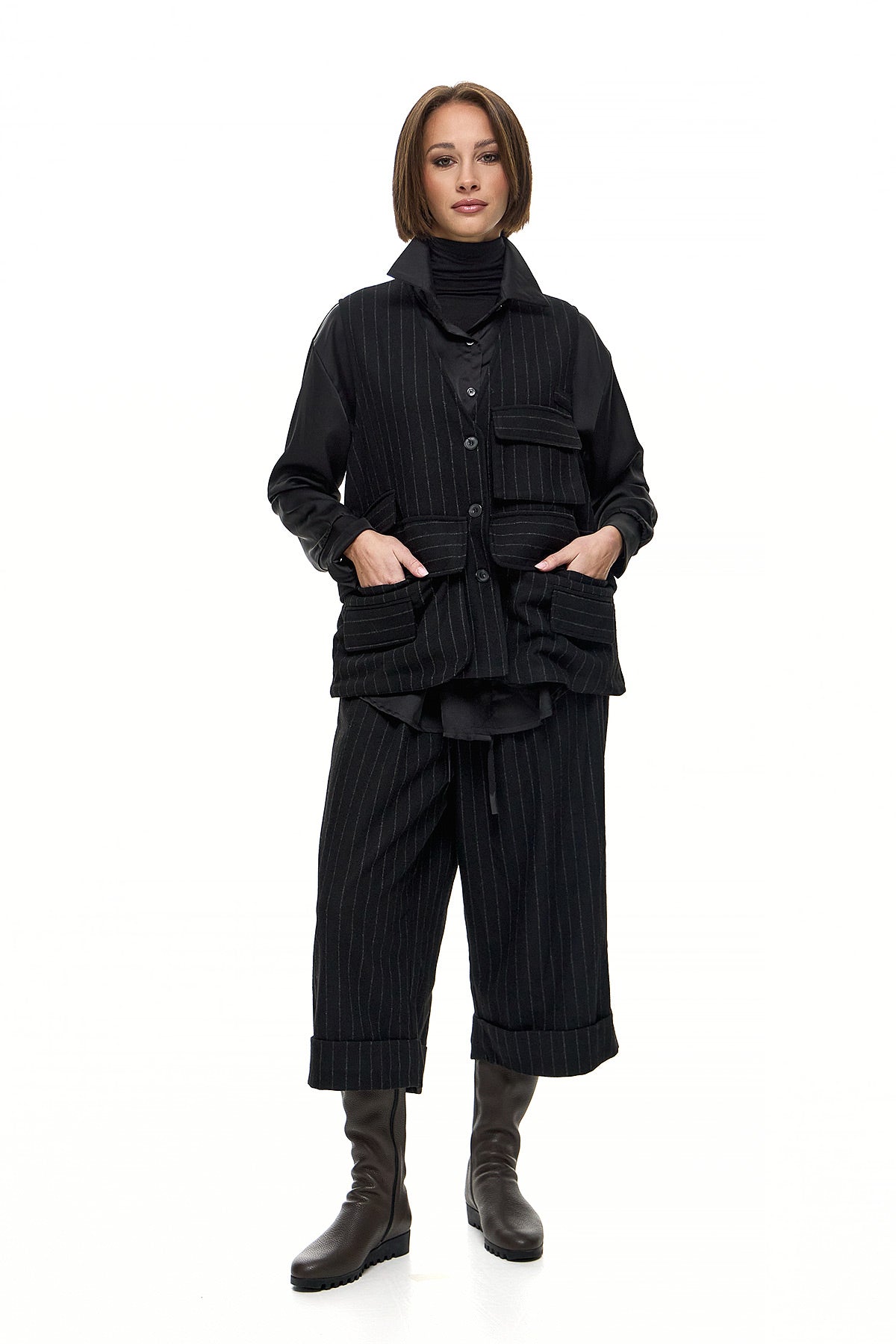Wendy Trendy Συνδυασμός με Γιλέκο και Παντελόνι - Μαύρο Ριγέ - Chic & Simple