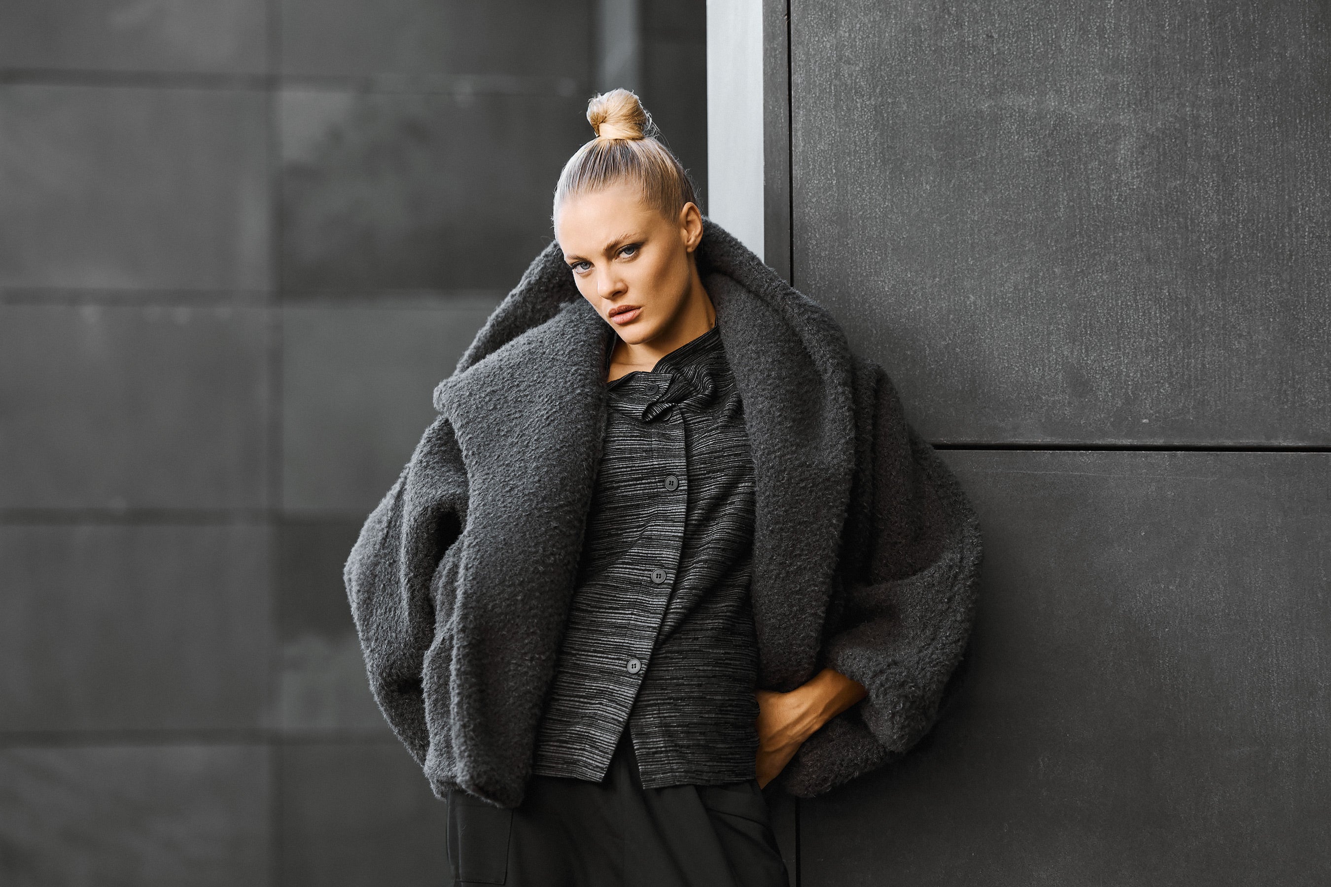 Chic & Simple Ζακέτα Λίλη - Sheep Skin Μπουκλέ Γκρι Σκούρο